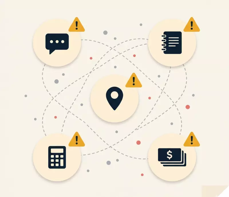 Cinco iconos dispersos (chat, libreta, mapa, calculadora, billetes) conectados por líneas punteadas, cada uno con una marca de alerta ámbar.